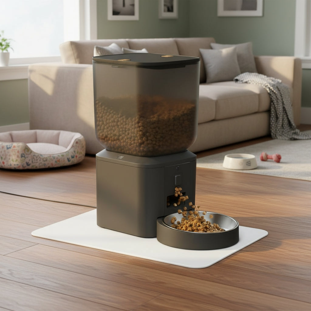 Automatic dog food feeder with large dry food container and stainless steel bowl placed on the floor