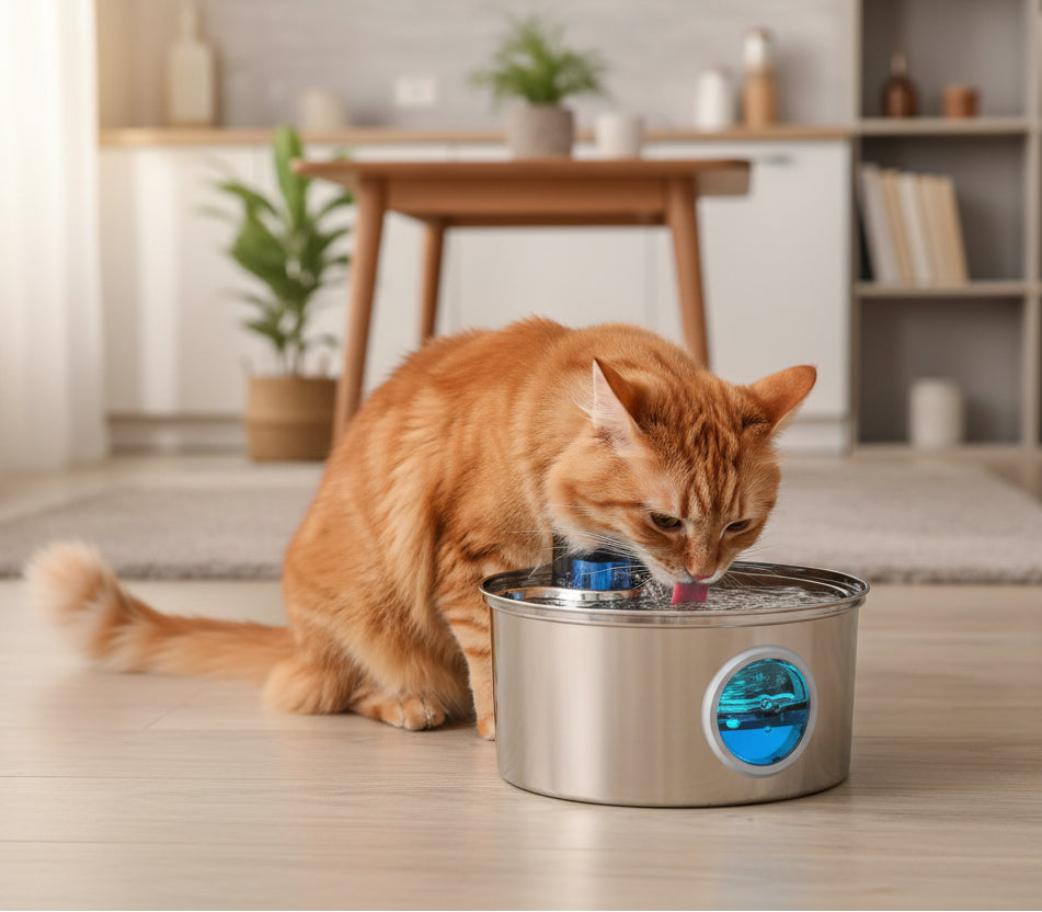 Cat drinking fresh water from Automatic Water Bowl with motion sensor activation