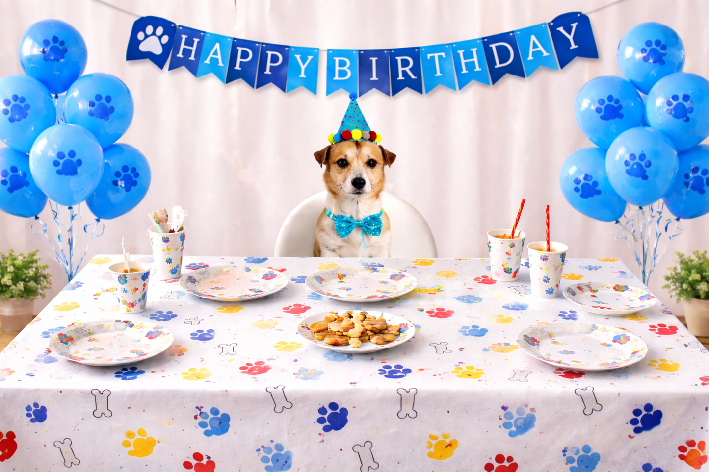 Dog celebrating a birthday with a 'Happy Birthday' banner, balloons, and a table set with plates and food.