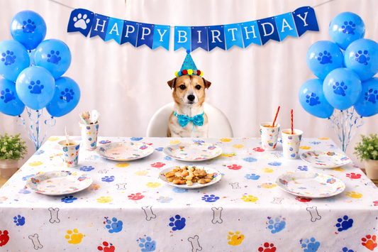 Dog celebrating a birthday with a 'Happy Birthday' banner, balloons, and a table set with plates and food.