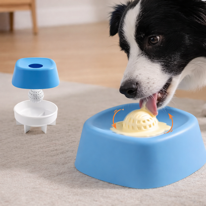 Dog licking treats from Lick Treater slow lick bowl toy