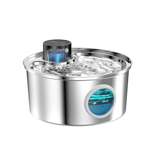Rechargeable automatic water bowl for pets with stainless steel design and visible water level.

