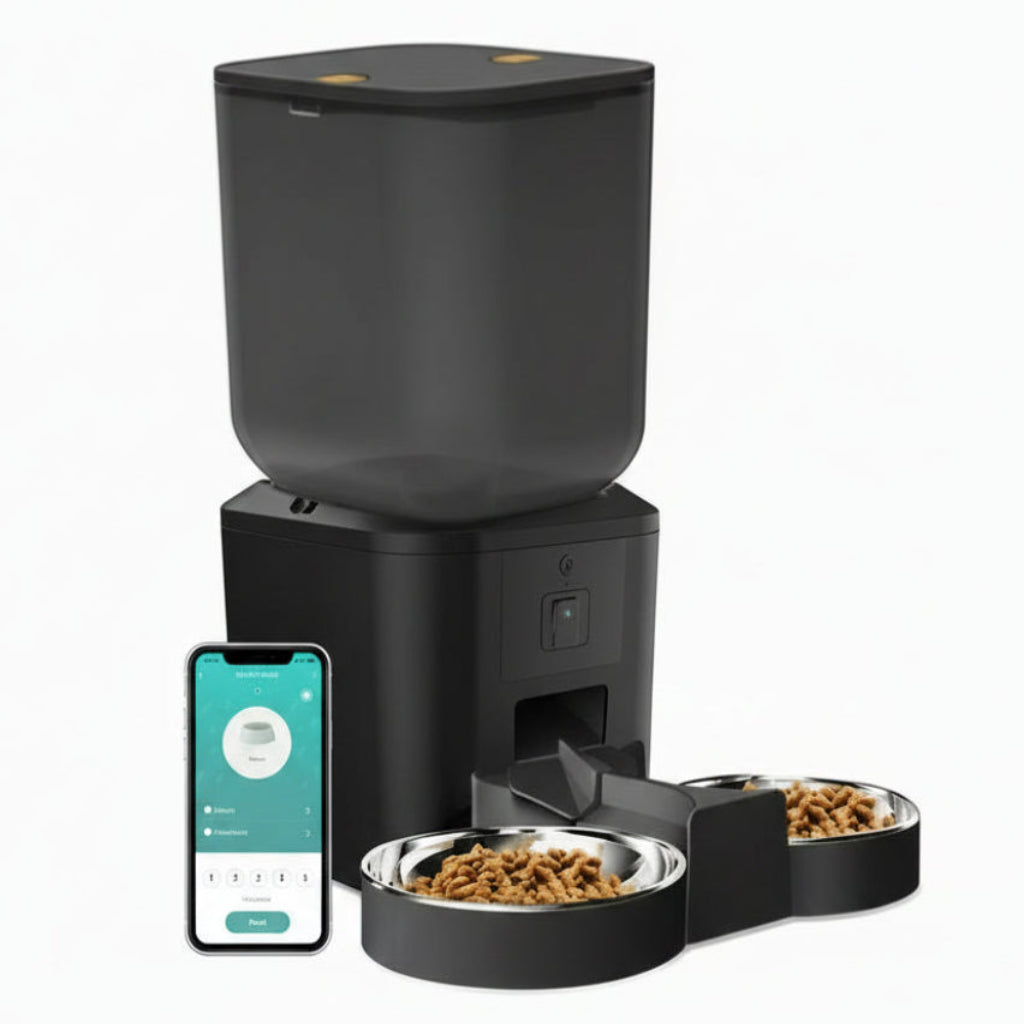 WiFi automatic dog and cat feeder with app control, large food container, and dual stainless steel bowls.