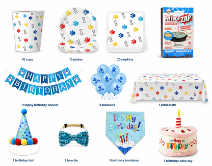 Dog birthday party supplies including balloons, banner, and tablecloth on a white background.