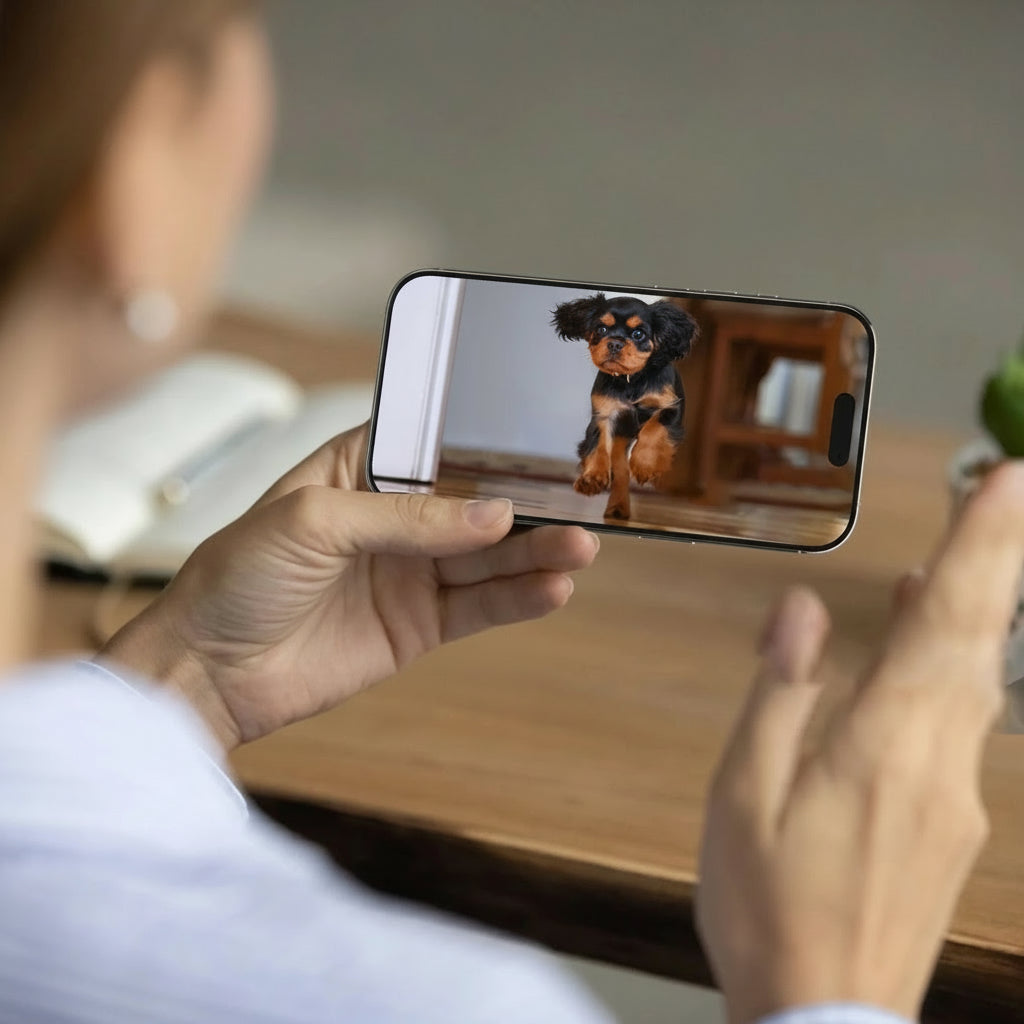 Smart pet feeder with mobile app for remote dog monitoring.