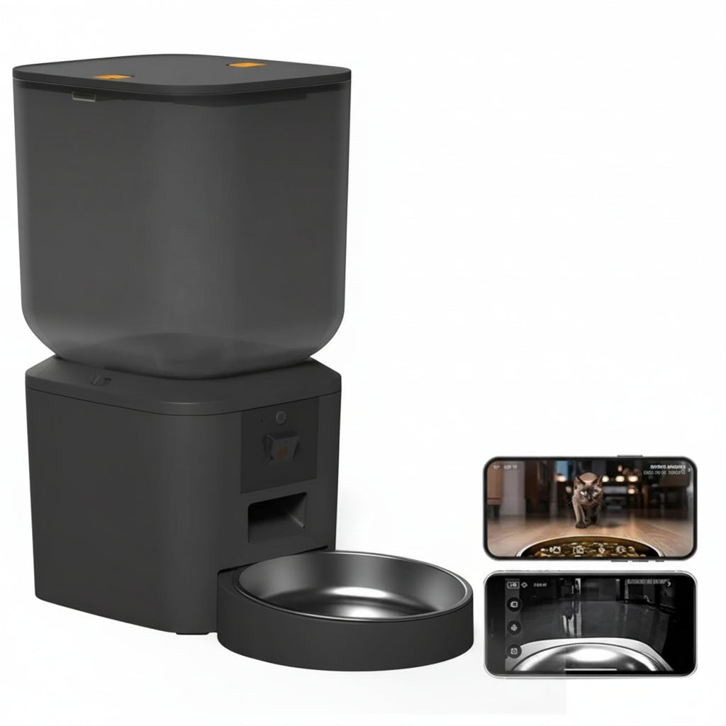 WiFi automatic dog and cat feeder with app control, large food container, and single stainless steel bowl.